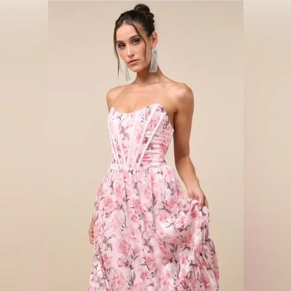Lulu's Special Moment Strapless Bustier Pink Floral Maxi Dress Size XL NWT - Picture 4 of 16